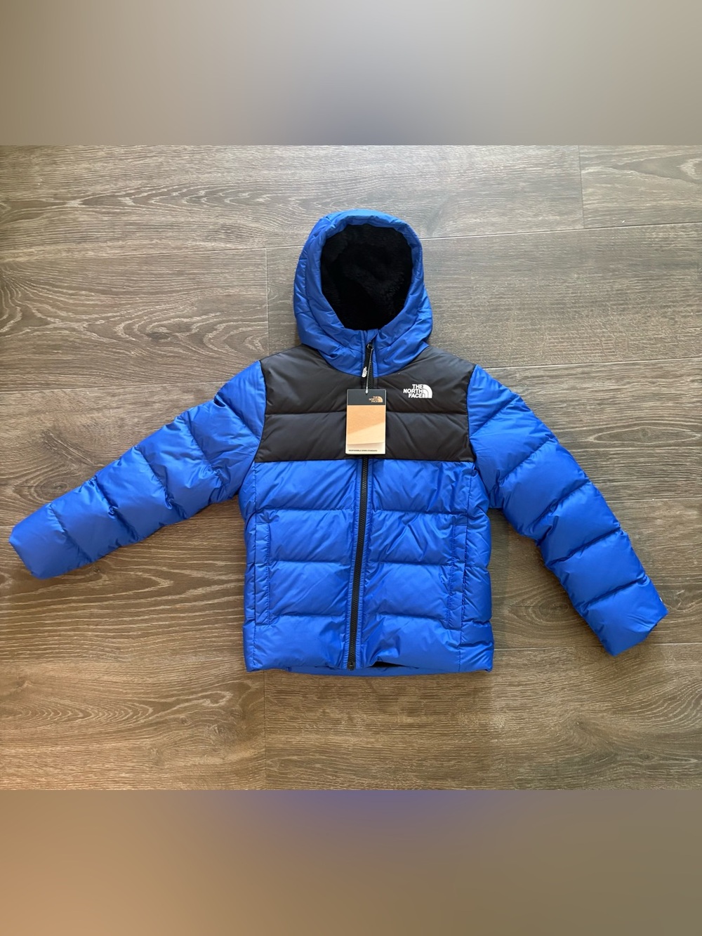The North Face Boys Moondoggy Hoodie Down Puffer Jacket Blue Black M 10/12 NWT
